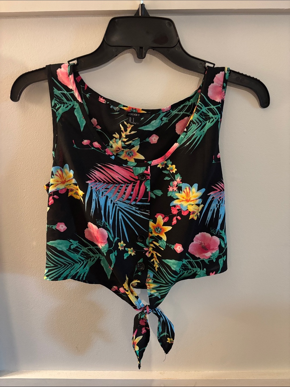 Forever 21 Black Tropical Tie-Front Camisole with Pink & Yellow Floral Print